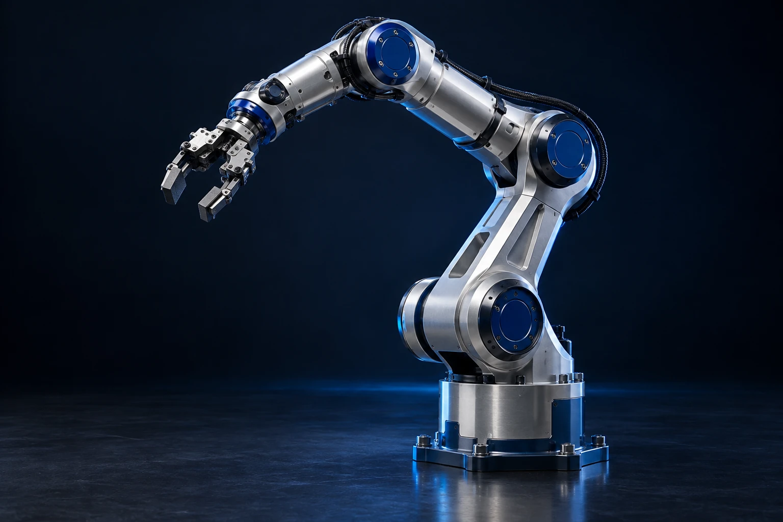 Silver and blue industrial robotic arm